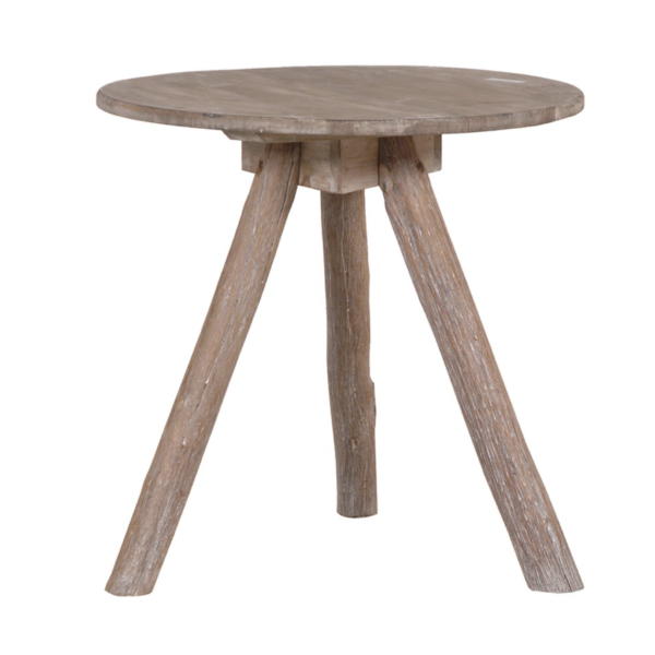 A rustic tripod table made from fir and oak wood.