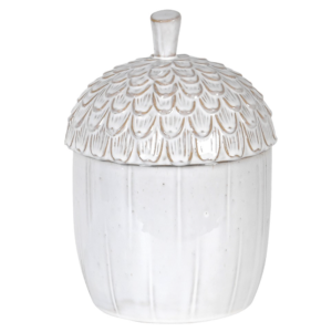 Decorative storage jar in the shape of an acorn. Made from ceramic and finish in a clean white colour.