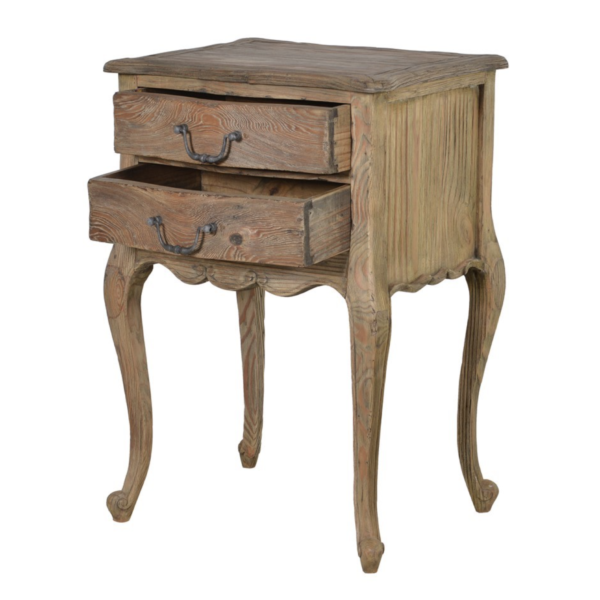 The Merlin 2 Drawer Bedside Table is made from reclaimed wood and exudes a classic colonial charm.
