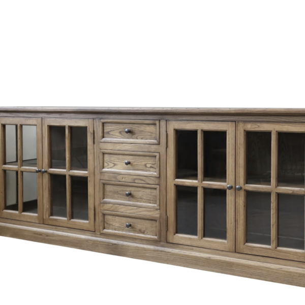 Poplar wood display cabinet with 4 drawers and 4 glass doors.