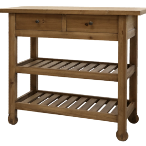 A pine wood service table with wheels. Put it to use in your living room, office or kitchen.