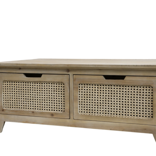 Wooden coffee table with 4 French wicker drawers. Organise your living room essentials in style.