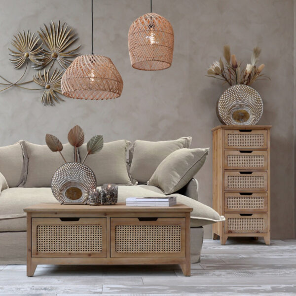 Wooden coffee table with 4 French wicker drawers. Organise your living room essentials in style. - Japandi style