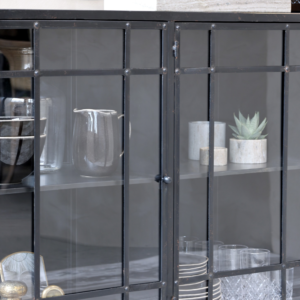 Showcase your favourite pieces in style with this beautiful antique black display cabinet.