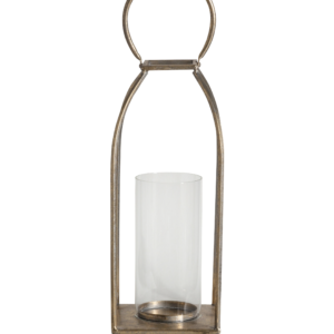 A steel lantern with a glass cylinder enclosing the candle. Finished in an antique gold colour. Suitable for indoor and outdoor use.