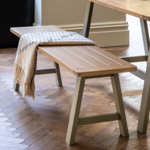 A traditionally inspired dining room bench that pairs perfectly with the Eton trestle table. Prairie colour palette.