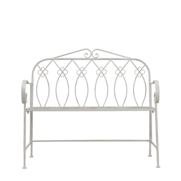 With a chic country style, this bench is perfect for sitting and enjoying the sun. Crafted from metal with a soft white finish, the bench's sweet design details make it a beautiful addition to any garden