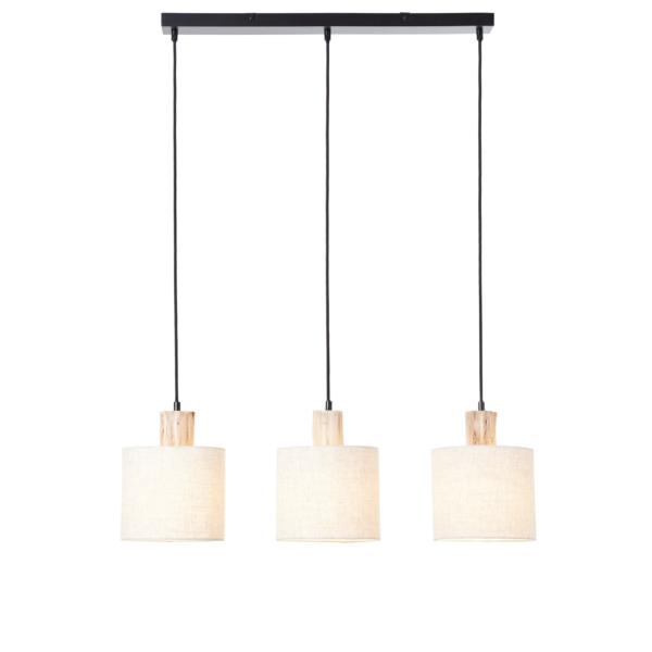 Scandi inspired linear pendant ideal for using above a breakfast bar or table. Natural wood and natural linen shade creates a cosy glow.
