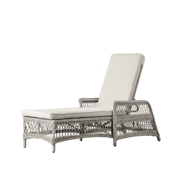 Beautiful rattan sun lounger with a showerproof cushion. Finished in a soft stone colour.