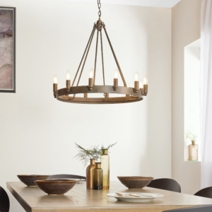 Large 12 light ceiling pendant comprising of a metal ring supporting 12 candle style light fittings all in an aged metal effect paint. Height adjustable at time of fitting, suitable for use with LED lamps and dimmable