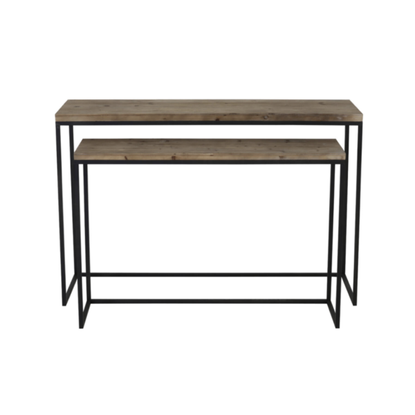 This stylish set of 2 console tables are made from metal and wood. The smaller table neatly slots under the larger one.