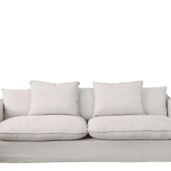 Linen sofa by Chic Antique. Made from premium materials and includes 5 plush cushions that are machine washable. The fabric has also received fire retardant treatment, ensures longevity. Finished in a natural colour way, making it a complementary addition to many homes.