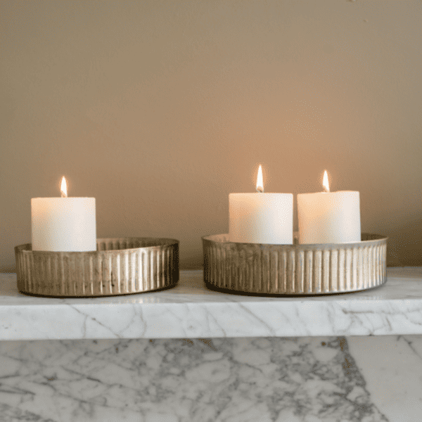 A set of two brass reeded trays. Use as candle trays, to put soaps in or to house perfumes and other accessories.