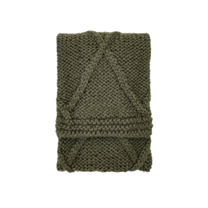 This super soft chunky cable knitted throw in olive green provides cosy and rustic feel. Crafted in India.