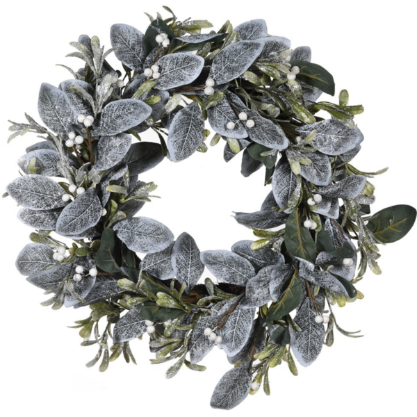 Frosted eucalyptus wreath with white winter berries. Crafted with lifelike perfection.