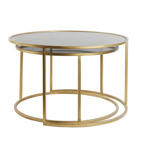 One Duarte Antique Gold Smoked Glass Coffee Table slotted underneath the other