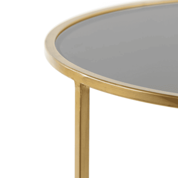 Close up of gold iron and smoked glass of Duarte Antique Gold Smoked Glass Coffee Tables