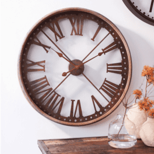 Akron Brown Wall Clock hung up above wooden table