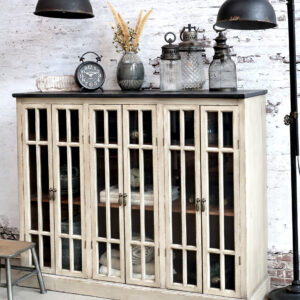 Chic Antique Pine Wood 6 Door Display Cabinet With Black Top. Full view with home decor on top.