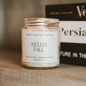 Hello Fall Soy Candle on wooden background