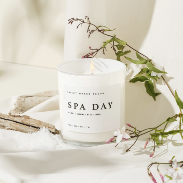 Spa Day Soy Candle In White Jar Product Shoot With Flowers