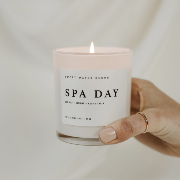 Spa Day Soy Candle In White Jar Product Shoot Held In Hand