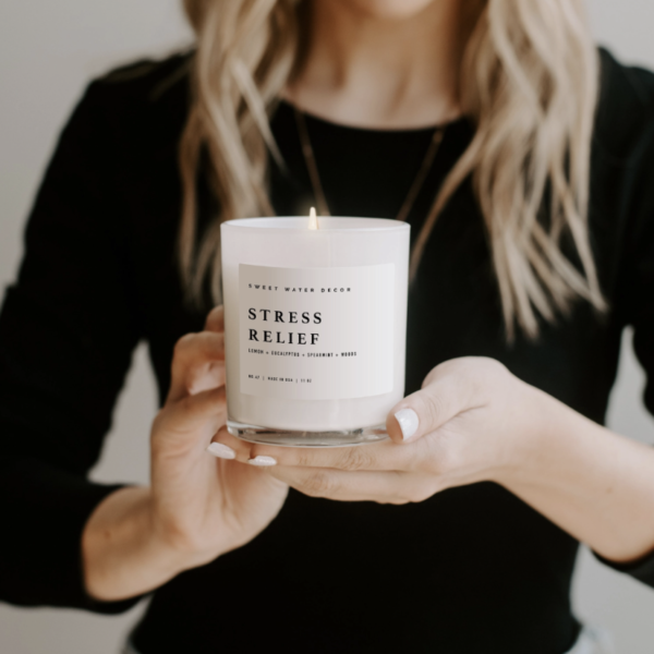 Stress Relief Soy Candle In White Jar Product In Hands