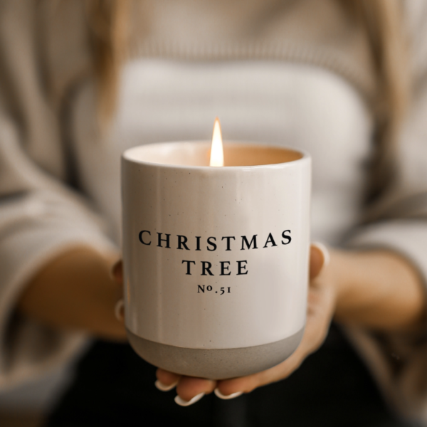Christmas Tree Soy Candle In Stoneware Jar Product Held In Hands