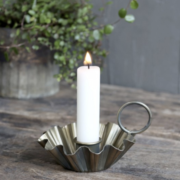 Chic Antique Brass Chamberstick With White Candle