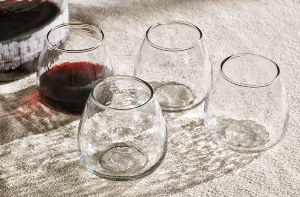 Nkuku Sarda Stemless Wine Glass Product Shot With Red Wine
