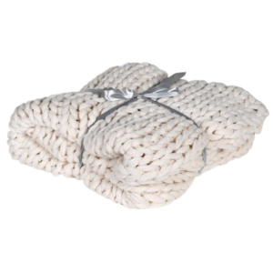 Silver Mushroom Label Oatmeal Chunky Knit Blanket Folded Up With Ribbon