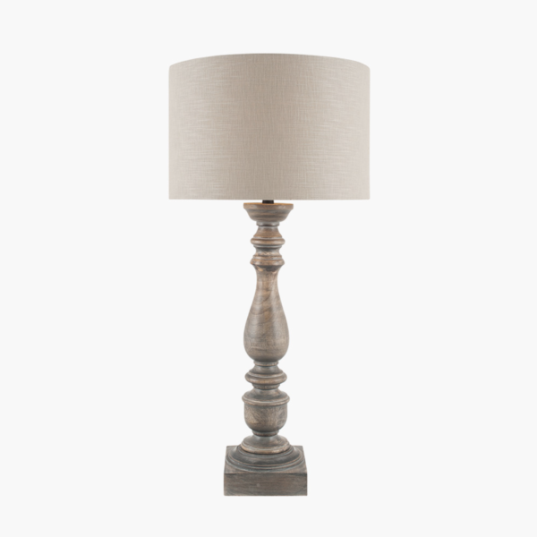 Alia Grey Wash Turned Mango Wood Table Lamp product image with lamp shade switched on