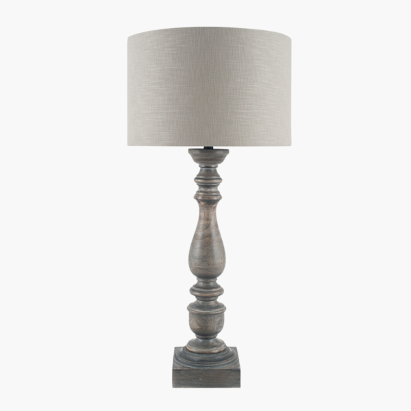 Alia Grey Wash Turned Mango Wood Table Lamp product image with lamp shade switched off