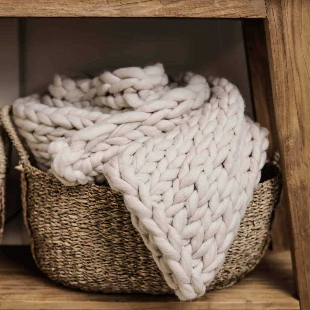 Oakwood Cream Knitted Throw In Basket