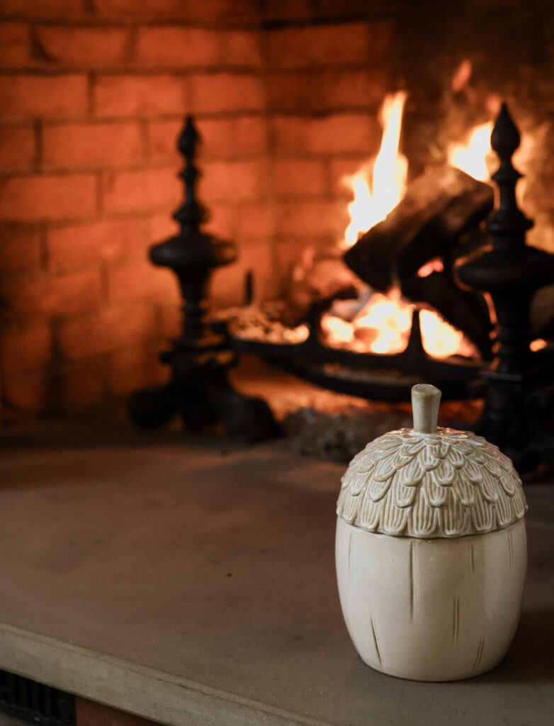 Acorn Storage Jar in front of fire