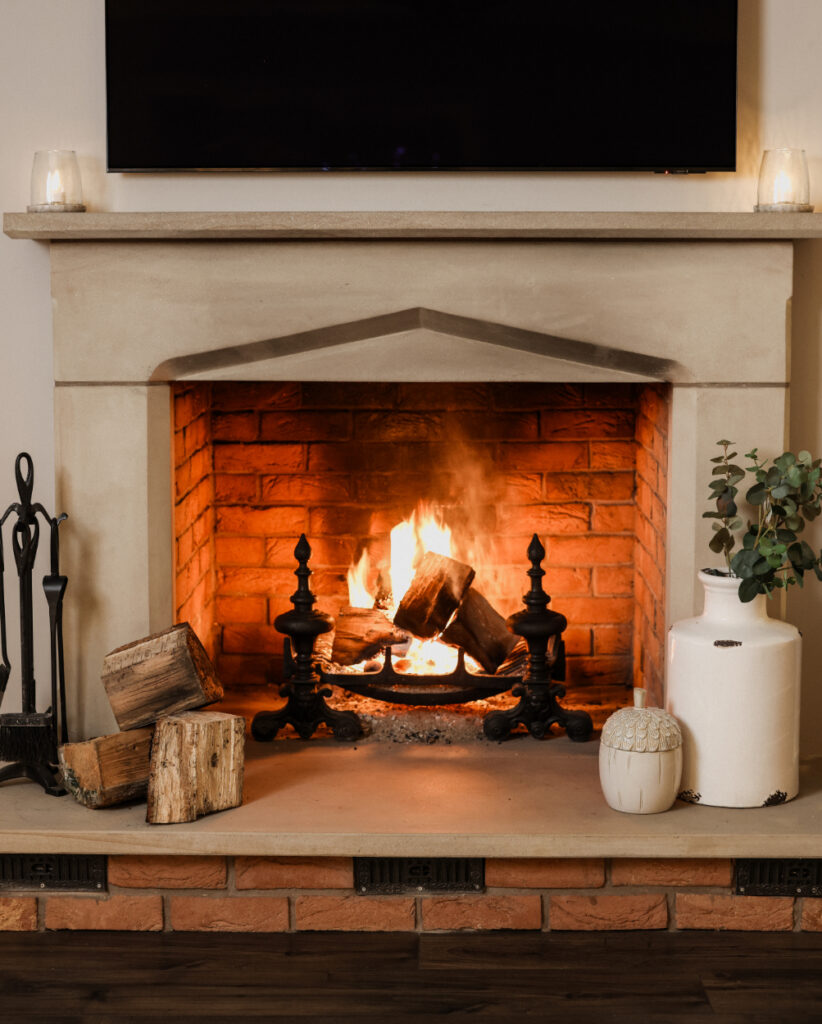Full fireplace image styled with fire lit
