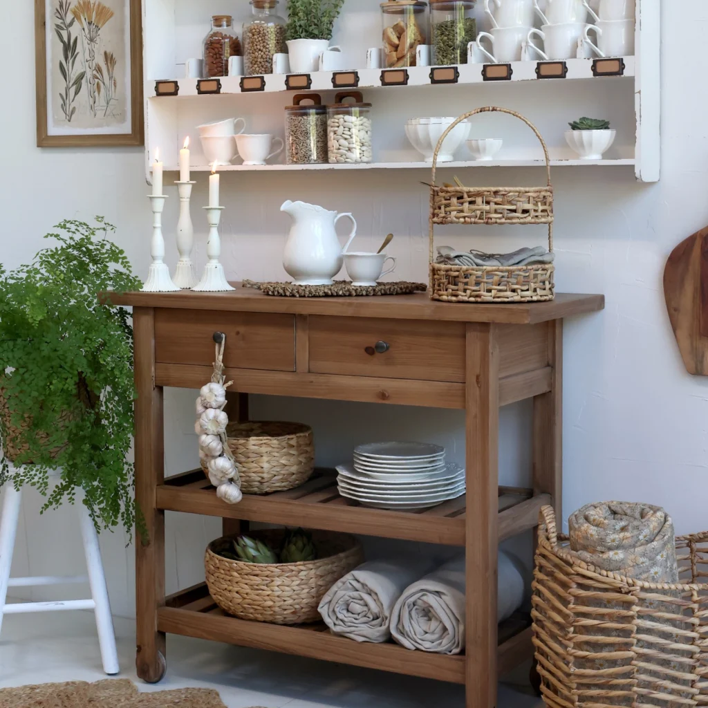 Wooden service table with wheels, filled with plates and home, linens and home accessories. 